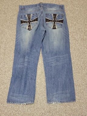 Avirex Light Blue Bootcut Jeans with Black Studded Cross Pockets 38 X 32 Y2K